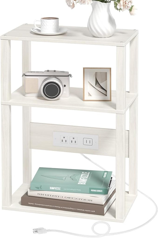 YUFAM 3-Tier Small Narrow Wood Side Table with Charging Station, Skinny Nightstand for Small Space, Slim Bedside Table with Storage for Couch, Thin End Table with USB Ports and Outlets, Grey White