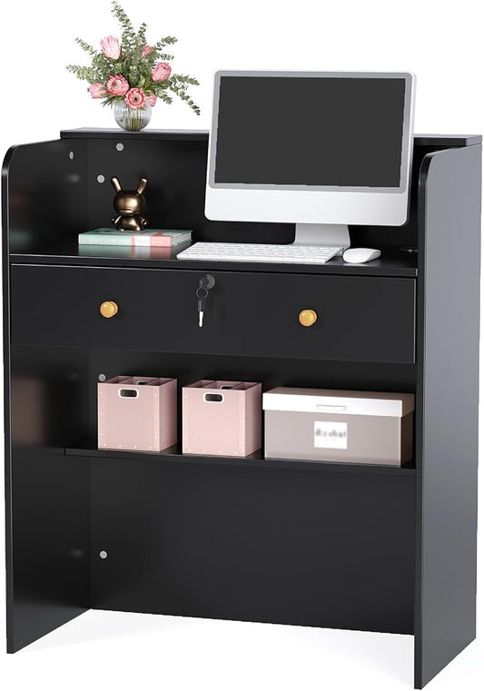 OmySalon Reception Desk with Counter, Small Front Checkout Desk w/Lockable Drawer, Wooden Modern Reception Table for Salon Lobby Office Home (Black, 32)