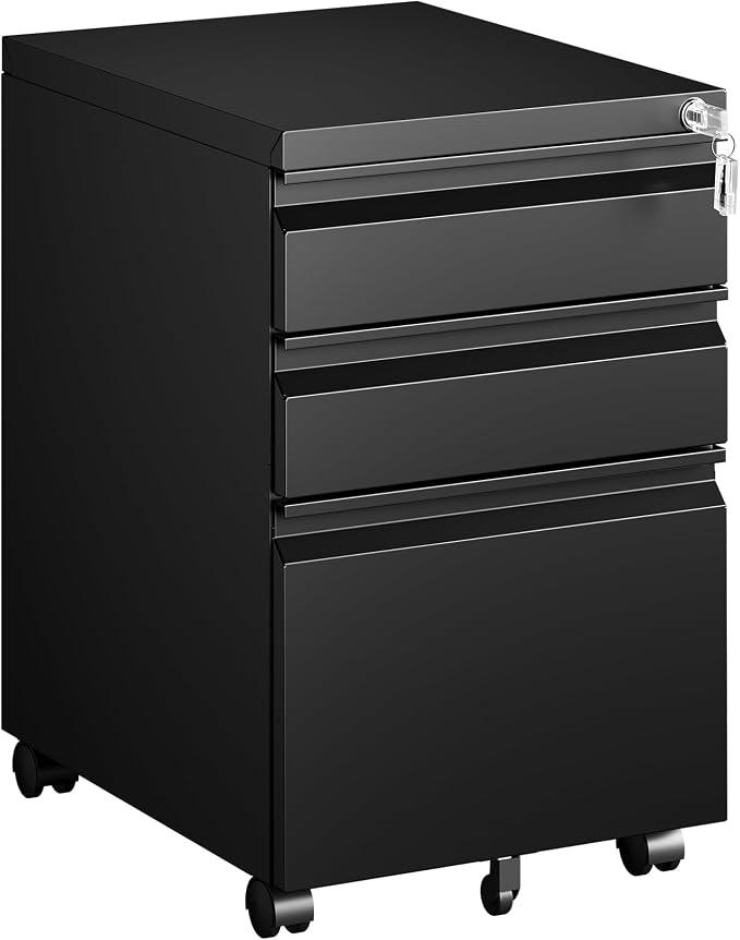 PEUKC 3 Drawers Mobile File Cabinet with Lock, Under Desk Rolling File Cabinet for Home Office, Organizes Letter Legal A4 Files, Black(Pre-Assembled)