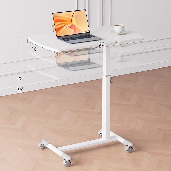GTPLAYER Small Standing Desk, 28 Inches Tiltable Mobile Rolling Laptop PC Table with Lockable Casters, Adjustable Height Overbed Bedside Table Computer Workstation for Home Office, White-Tiltable