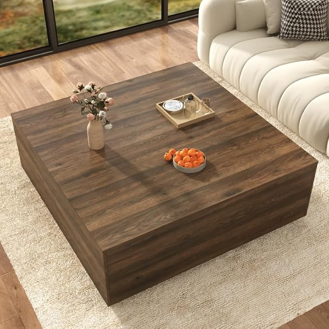 47 Inch Large Square Coffee Table with Storage,Modern Wooden Coffee Tables with 2 Drawers Storage for Living Room,Mid Century Tea Table/Aesthetic Coffee Table Center Table for Home Office(Walnut)