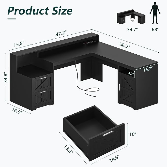 YOMILUVE 63" Farmhouse L Shaped Desk with Drawers & Storage Shelf, Corner Computer Desk with Power Outlets for Home Office, Executive Desk with Monitor Stand, Printer Shelf, Black