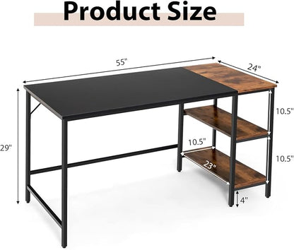 Multifunctional Computer Desk, Industrial Study Writing Desk w/Removable Storage Shelf, Heavy-Duty Metal Frame, 55 Inch Desk for Home Office, Gaming Room, Bedroom (Black)