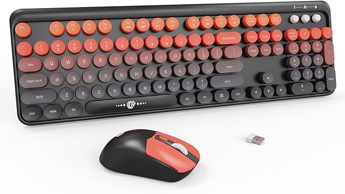 Orange Retro Wireless Keyboard and Mouse Combo, Round Key Typewriter Style Keyboard, 2.4Ghz Full Size Aesthetic Bubble Keyboard with Number Pad for PC Laptop Desktop