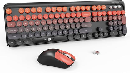 Orange Retro Wireless Keyboard and Mouse Combo, Round Key Typewriter Style Keyboard, 2.4Ghz Full Size Aesthetic Bubble Keyboard with Number Pad for PC Laptop Desktop