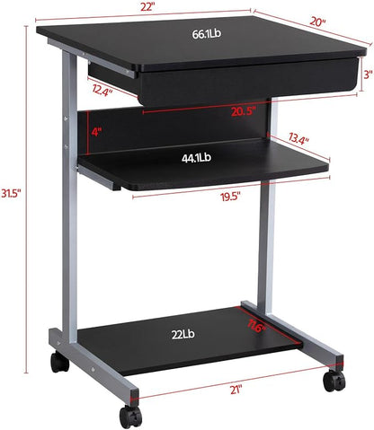 Topeakmart Mobile Compact Computer Desk Cart for Small Spaces, Work Workstation, Writing Desk Table with Drawers and Printer Shelf on Wheels