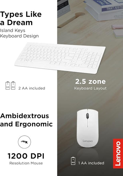 Lenovo 510 Wireless Combo with 2.4 GHz USB Receiver, Slim Full Size Keyboard, Full Number Pad, 1200 DPI Optical Mouse, Left or Right Hand, GX30W75336, White