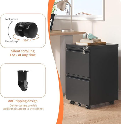 Guizeeopo 2 Drawer Locking File Cabinet, Fully Assembled Heavy-Duty Metal Filing Cabinets for Home Office, Quiet Slides, Anti-Tipping Wheels, Fits A4/Letter/Legal, Matte Black