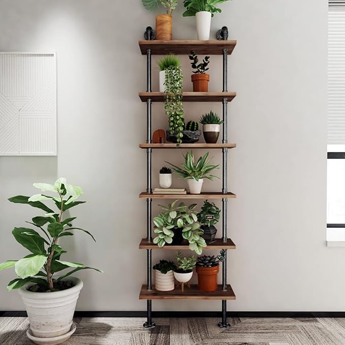 Industrial Pipe Bookshelves Rustic Wall Ladder Bookshelf Display Storage Stand Shelf Bookcase for Living Room, Kitchen, Office (6 Tier)