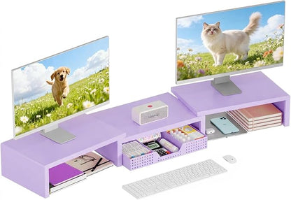 OPNICE Dual Computer Monitor Stand Riser with Drawer, Workspace Desk Organizer, Office Supplies Desk Accessories for Women, Purple