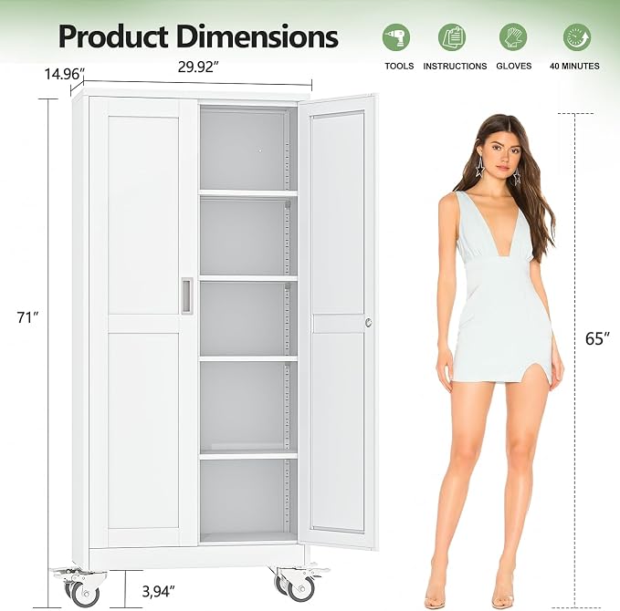 Metal Garage Storage Cabinets and storage system, 71”Tall Rolling utility cabinet with Wheels, Lock, 4 Adjustable Shelves, Heavy Duty Steel Tool Locker for Home Office, Utility Room, Gym,White