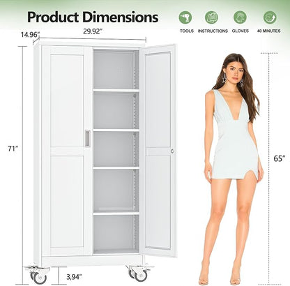 Metal Garage Storage Cabinets and storage system, 71”Tall Rolling utility cabinet with Wheels, Lock, 4 Adjustable Shelves, Heavy Duty Steel Tool Locker for Home Office, Utility Room, Gym,White