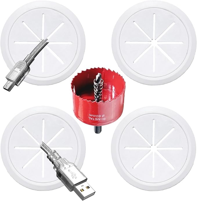 4 Pack TV Cord Hider for Wall Mounted TV, 2-3/8"(60mm Hole) Wire Hider in Wall Cable Management Kit, Includes 4 Pass Throughs and 1 Hole Saw Drill Attachment Easy to Install