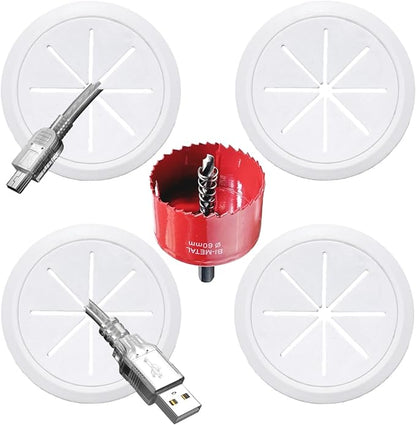 4 Pack TV Cord Hider for Wall Mounted TV, 2-3/8"(60mm Hole) Wire Hider in Wall Cable Management Kit, Includes 4 Pass Throughs and 1 Hole Saw Drill Attachment Easy to Install