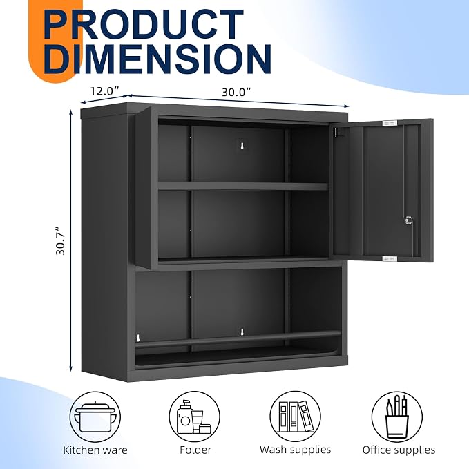 IRONFFICE Garage Storage Cabinets,Metal Wall Cabinet with Doors and Shelves,Locking Storage Cabinet for Workshop,Warehouse,Home Office,Black