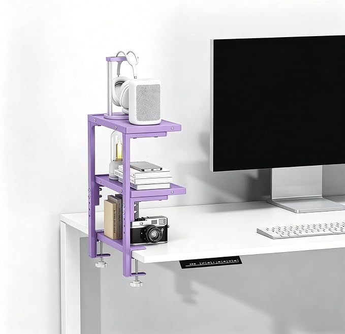 2-Tier Desk Shelf, Expandable Under Desk Storage, Clamp on Desk Shelf, Desktop Accessories for Offices, Study Rooms, and Game Rooms (Purple)