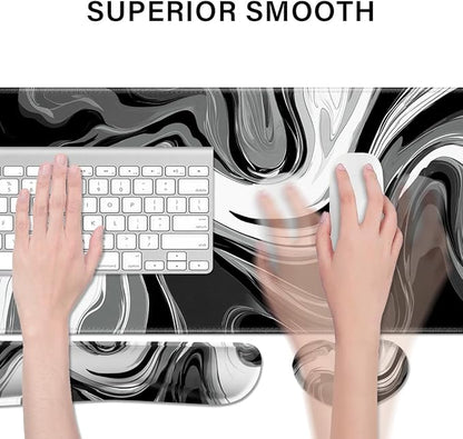 Desk Pad and Keyboard Wrist Rest, Large Mouse Pad + Keyboard Pad+Mouse Wrist Support, Non-Slip Desk Mat Protector for Office, Home 31.5×11.8 Inches Black & White Abstraction