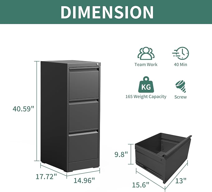 3 Drawer File Cabinet with Lock, Metal Vertical Filing Cabinets for Home Office, Steel Storage Cabinet for Hanging Legal/Letter Size Files, Assembly Required (Black)