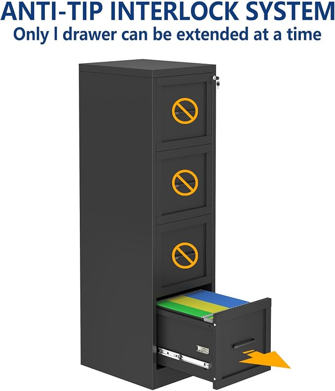 Ckzbx 4 Drawer File Cabinet with Lock, Narrow Vertical Filing Cabinet, Under Desk File Cabinets,Black Metal File Cabinets for Home Office,Fit Letter/A4/Legal Size File