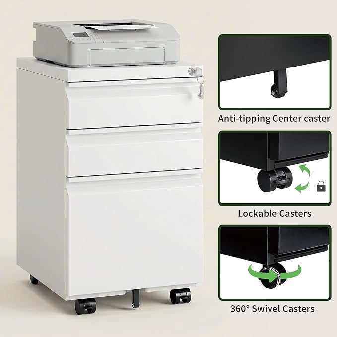 3 Drawer File Cabinet with Lock,Rolling Mobile File Cabinet with Wheels for Home Office,Under Desk Metal Filing Cabinet,Office Storage Organizer,Fully Assembled,White