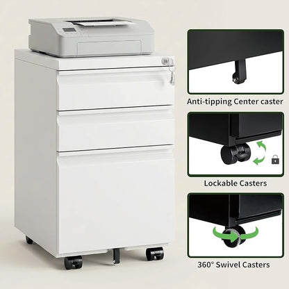 3 Drawer File Cabinet with Lock,Rolling Mobile File Cabinet with Wheels for Home Office,Under Desk Metal Filing Cabinet,Office Storage Organizer,Fully Assembled,White
