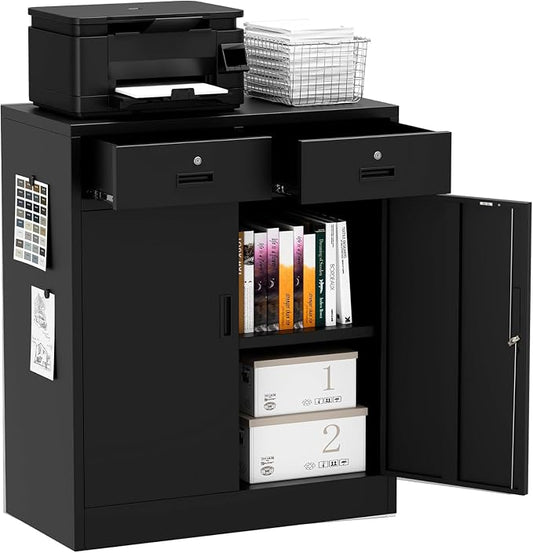 Metal Storage Cabinet, 36 Inch Tall Locking Cabinet with 2 Doors and 2 Drawers, Metal Cabinets with Adjustable Shelf, Garage Cabinets for Garage, Warehouse, Classroom, Home Office, Black