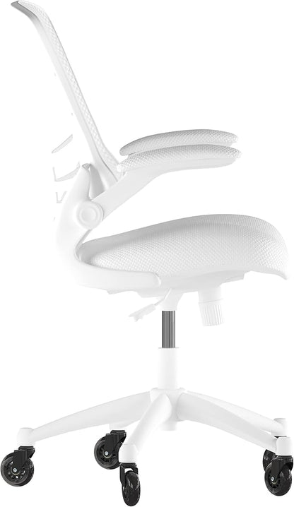 Flash Furniture Kelista Mid-Back White Mesh Swivel Ergonomic Task Office Chair with White Frame, Flip-Up Arms, and Transparent Roller Wheels