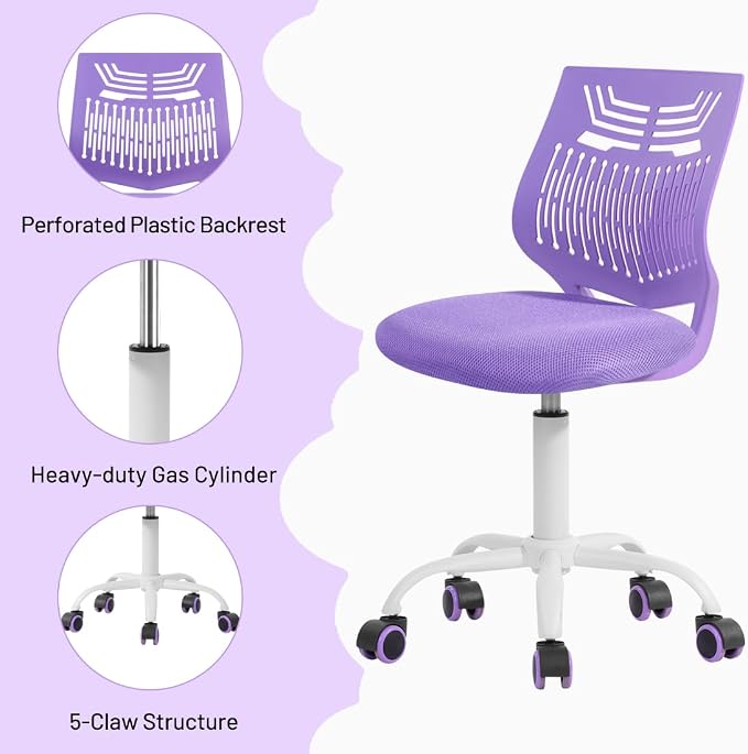 FurnitureR Study Desk Chair Armless, Small Home Office Study Task Chair Adjustable Swivel Low Back with Rolling Wheels for Kids Children Teens Women, Orchid Purple
