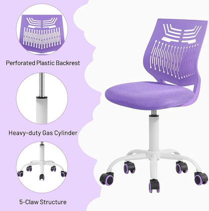 FurnitureR Study Desk Chair Armless, Small Home Office Study Task Chair Adjustable Swivel Low Back with Rolling Wheels for Kids Children Teens Women, Orchid Purple