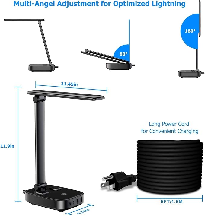 Yostyle LED Desk Lamp with 4 USB Charging Ports and 2 AC Outlets,5ft Extension Cord Power Strip Station, 3 Level Brightness, Touch Dimmer Control, Office Table Eye Care Lamp Bedroom Hotel
