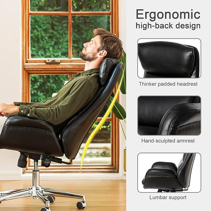 Glitzhome Mid-Century Modern Air Leatherette Adjustable Task Chair Swivel High Back Office Chair Computer Desk Chair with Armrest(Black)