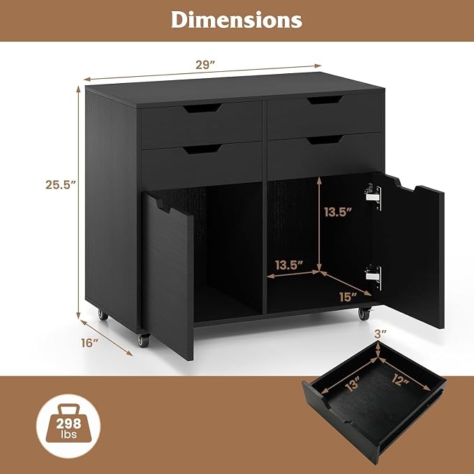 Black File Cabinet with 4 Drawers and 2 Doors, Under Desk Mobile Storage Organizer, Wooden Printer Stand on Wheels, 29" Lateral Filing Cabinet for Home Office Living Room (Black, 4 Drawer & 2 Door)