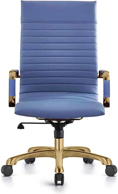 LeisureMod Harris High-Back Task Office Chair - Modern Leather Upholstery with Gold Frame, Ribbed Design 360 Degree Adjustable Swivel for Home, Office, and Study Room