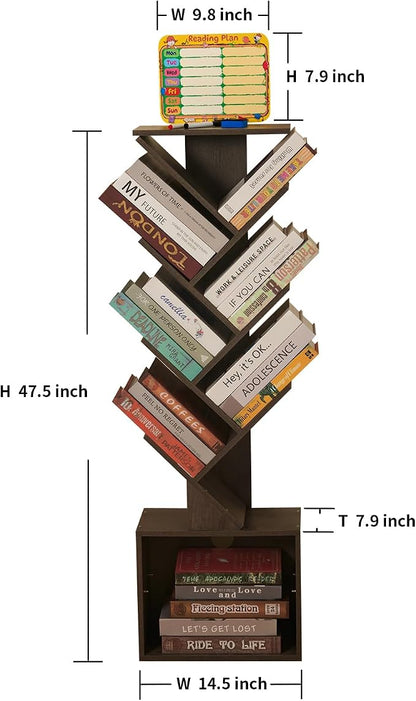 7 Tier Tree Book shelf, Small Bookcase with Reading Planner and Activity Panel, Modern Floor Standing Corner Tall Narrow Storage Cabinet Bookshelves for Home Office Bedroom Living Room (Gray)