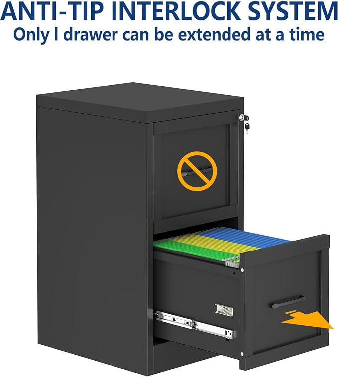 Ckzbx 2 Drawer File Cabinet with Lock, Narrow Vertical Filing Cabinet, Under Desk File Cabinets,Black Metal File Cabinets for Home Office,Fit Letter/A4/Legal Size File