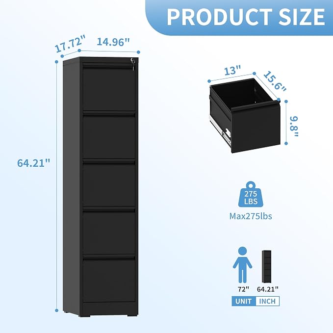 AQY 5 Drawer File Cabinet with Lock, Metal Black Filing Cabinets for Home Office, 18" Deep Heavy Duty Vertical Storage Cabinet for Hanging A4/Letter/Legal Size Files, Assembly Require