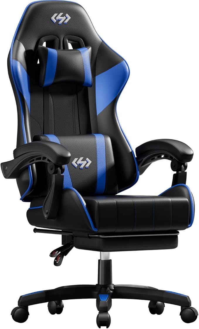 HLDIRECT Gaming Chair, Ergonomic Computer Office Chair with Lumbar Support Footrest Headrest, Adjustable Height & Backrest Angle Video Gamer Chair, PU Leather, 360° Swivel, Adult (Black&Blue)