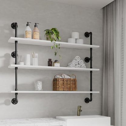 HDDFER Industrial Pipe Shelving Rustic White Pipe Wall Shelves Industrial Shelves with Wood Planks Floating Shelves 48 Inch Farmhouse Bathroom,Kitchen Shelving Wall Mounted