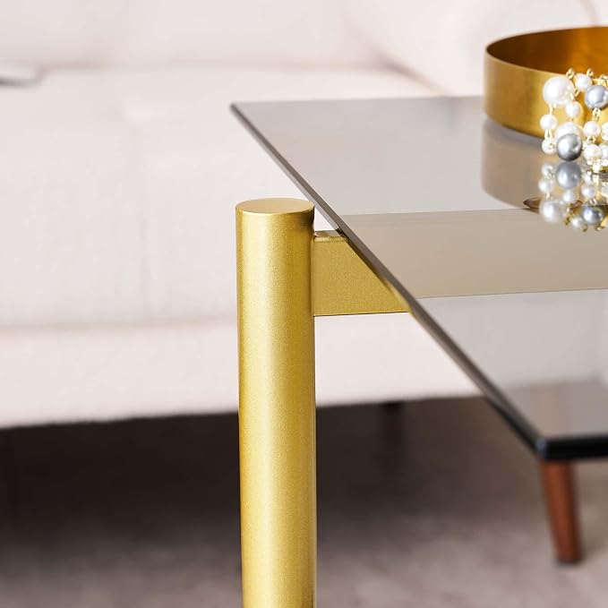 LumFurn Glass End Table, Mid-Century Modern Design Sofa Table, for Living Room, L18 x W18 x H23 in, Grey Glass Top and Black Marble Finish Wood Shelf, Sleek Conical Metal Legs with Gold Finish Frame