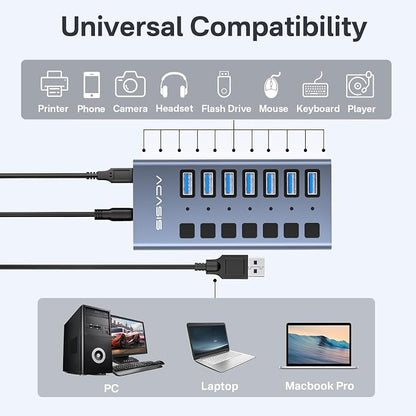 Powered USB 3.2 Hub, ACASIS 7 Ports USB 3.2 Hub with 10Gbps Data Speed, Aluminum Housing, USB Hub Powered with 24W Power Adapter, USB Hub for PC/Laptop, Computer, Flash Drive, Printer, Camera