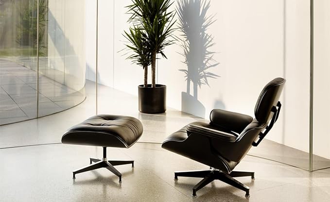 Mid Century Chaise Lounge Chair with Ottoman Genuine Leather High-Resilience Foam Cushions Modern Ergonomic Design for Living Room Study Lounge Office Black Ash Wood and Black Lather