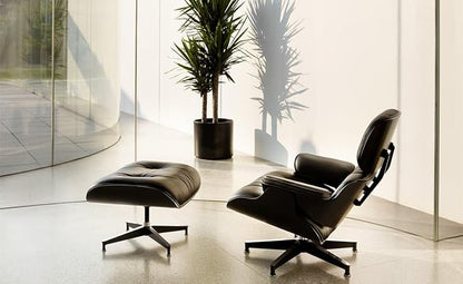 Mid Century Chaise Lounge Chair with Ottoman Genuine Leather High-Resilience Foam Cushions Modern Ergonomic Design for Living Room Study Lounge Office Black Ash Wood and Black Lather