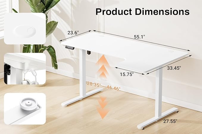 EcoZen Standing Desk Electric Height Adjustable Desk 55 x 33.5 Inches L Shaped Sit Stand up Desk, Computer Home Office Desk Memory Preset with Two-Piece Fir Wood Desktop (White, 55 * 33.5 Inch)