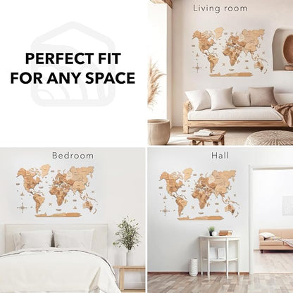 Enjoy The Wood 3D Wooden World Map Wall Art - Large Travel Map with Pins for Art Decor - Decorative Map of the World for Home, Office - Travel Wall Art Housewarming Gift Idea (Light, 2XL, Unframed)