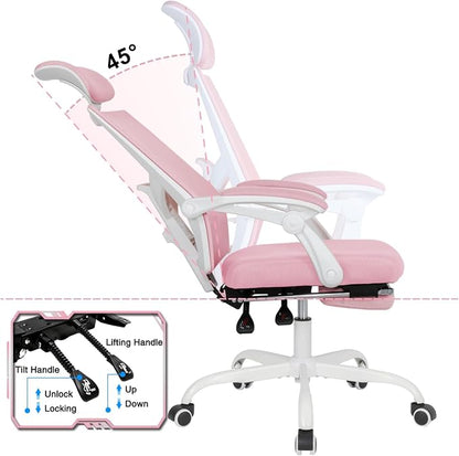 Qulomvs Mesh Ergonomic Office Chair with Footrest Home Office Desk Chair with Headrest and Backrest Adjustable Computer Executive Desk Chair with Wheels 360 Swivel Task Chair