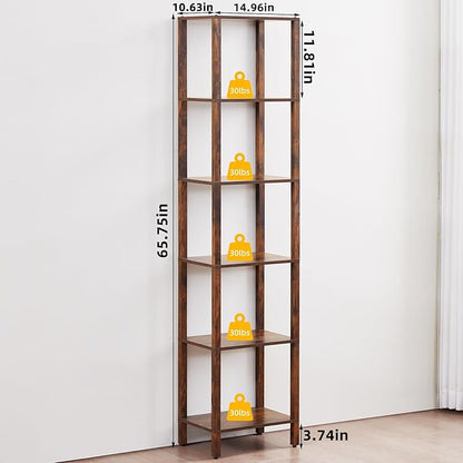 YUFAM 66in Tall Bookshelf 6-Tier Small Narrow Bookcase, Skinny Book Shelf for Small Space, Farmhouse Slim Shelf with Storage, Wood Freestanding Display Thin Bookshelves for Living Room, Office, Brown