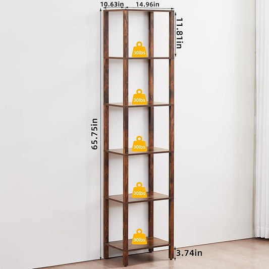 YUFAM 66in Tall Bookshelf 6-Tier Small Narrow Bookcase, Skinny Book Shelf for Small Space, Farmhouse Slim Shelf with Storage, Wood Freestanding Display Thin Bookshelves for Living Room, Office, Brown