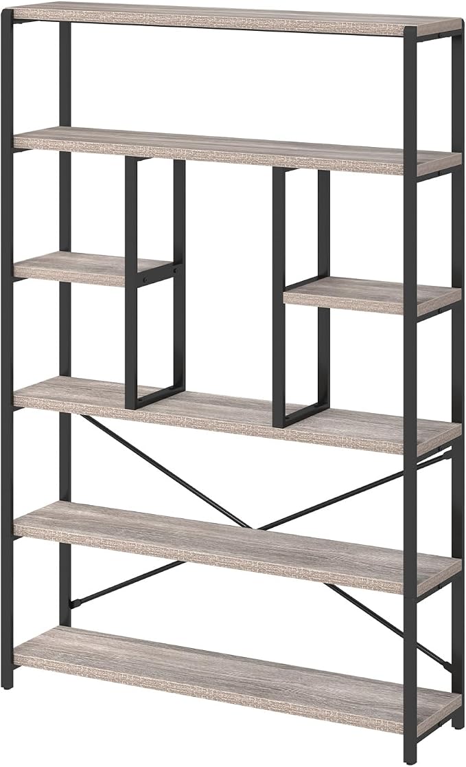 LVB Industrial 6 Tier Bookshelf, Large Tall Open Rustic Vintage Etagere Bookcase, Gray Big Wide Modern Farmhouse Wood and Metal Book Shelf for Home Bedroom Living Room Office Storage, Light Grey Oak