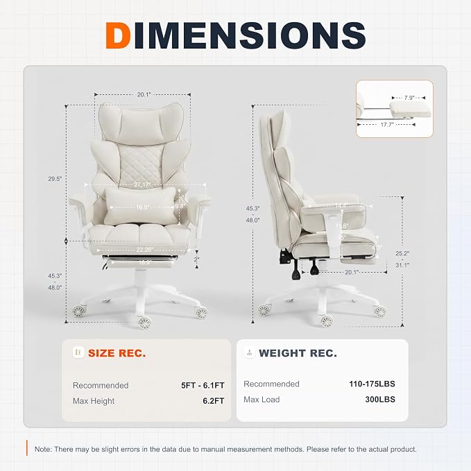 Dowinx Big and Tall Office Chair with Pocket Spring Cushion,High Back Computer Gaming Chairs with Adjustable Armrests and Lumbar Support,Executive Desk Chairs with Footrest(PU,White)