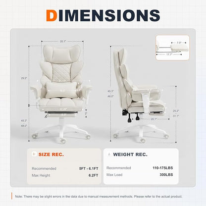Dowinx Big and Tall Office Chair with Pocket Spring Cushion,High Back Computer Gaming Chairs with Adjustable Armrests and Lumbar Support,Executive Desk Chairs with Footrest(PU,White)